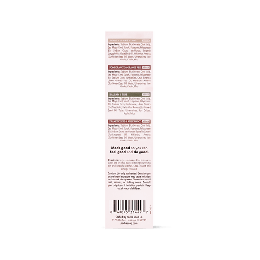 Pacha Soap's Holiday Heritage Bath Bomb Set in a back facing view, showing information about a product.