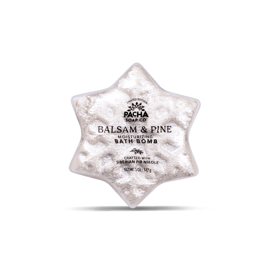 A star-shaped Pacha Soap Co. Balsam & Pine moisturizing bath bomb with a textured, glittery silver finish, centered on a white background with a soft shadow.