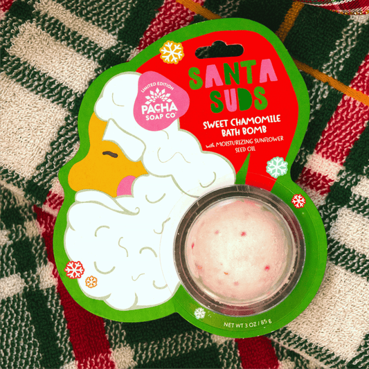 PAcha Soap Kid's Bath Bomb Card "SANTA SUDS" on a bright plaid background