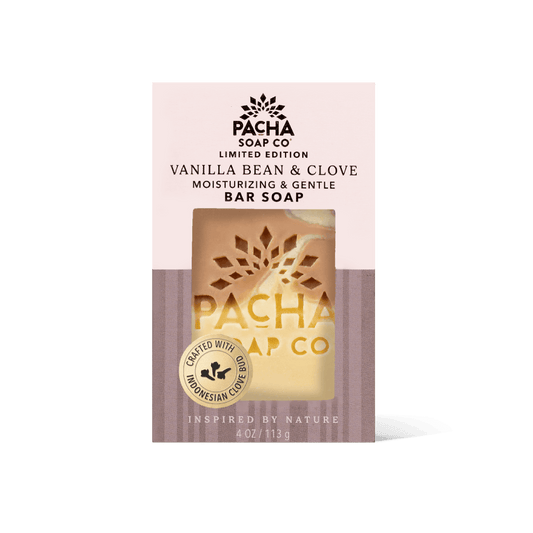 Pacha Soap Co Vanilla Bean & Clove moisturizing and gentle bar soap in its packaging, featuring a cream and muted brown box with a clear window showing the golden soap bar inside.