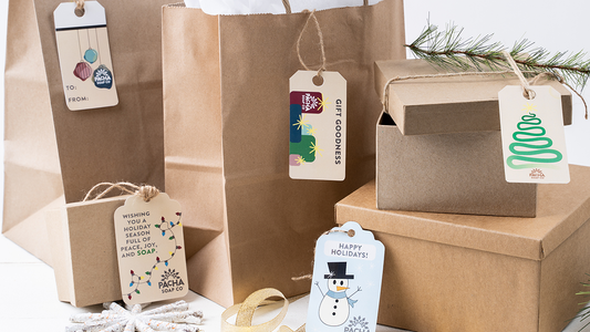 Image of brown packaging with Pacha Soap labels on the tags