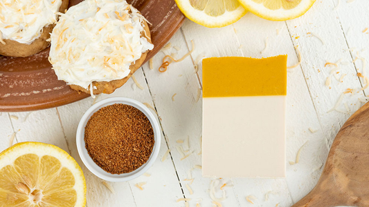 Image of Coconut Lemon cookies and bar soap on white table next to ingredients