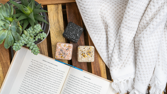 Image of three different salt blocks sitting on a table next to blanket, book, and plant