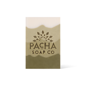 A 4 Tiered bar soap, ranging from cream and gradients down to a dark green. The Pacha Soap Co. Logo is placed in the middle.