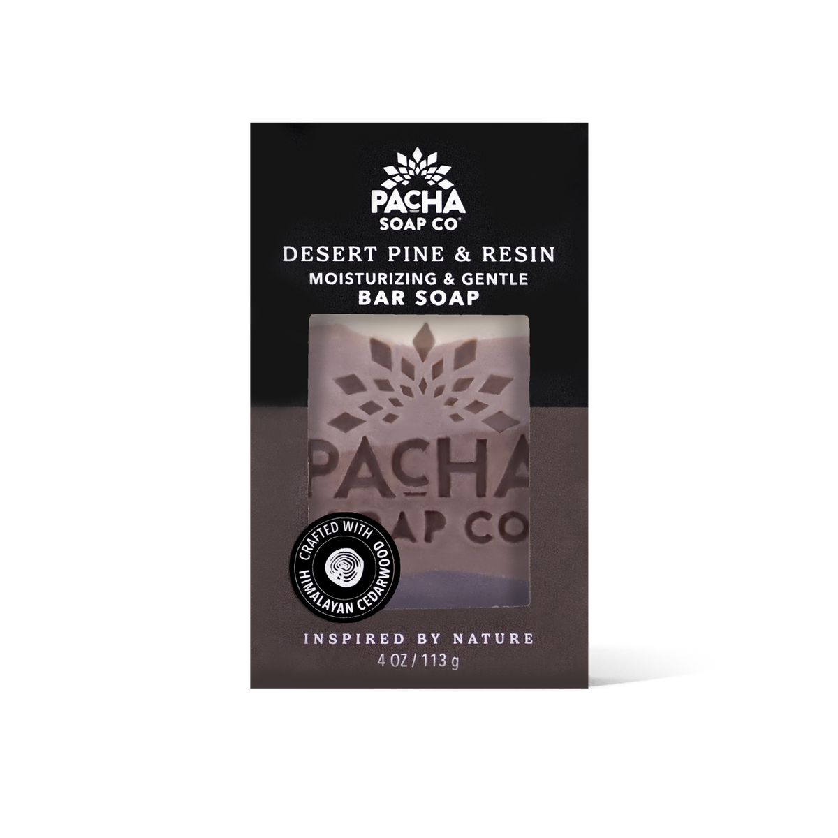 Pacha Soap Co Vetiver & Hinoki Moisturizing & Gentle Bar Soap packaging, featuring a black and dark brown design with a central window displaying the brown bar of soap inside.

