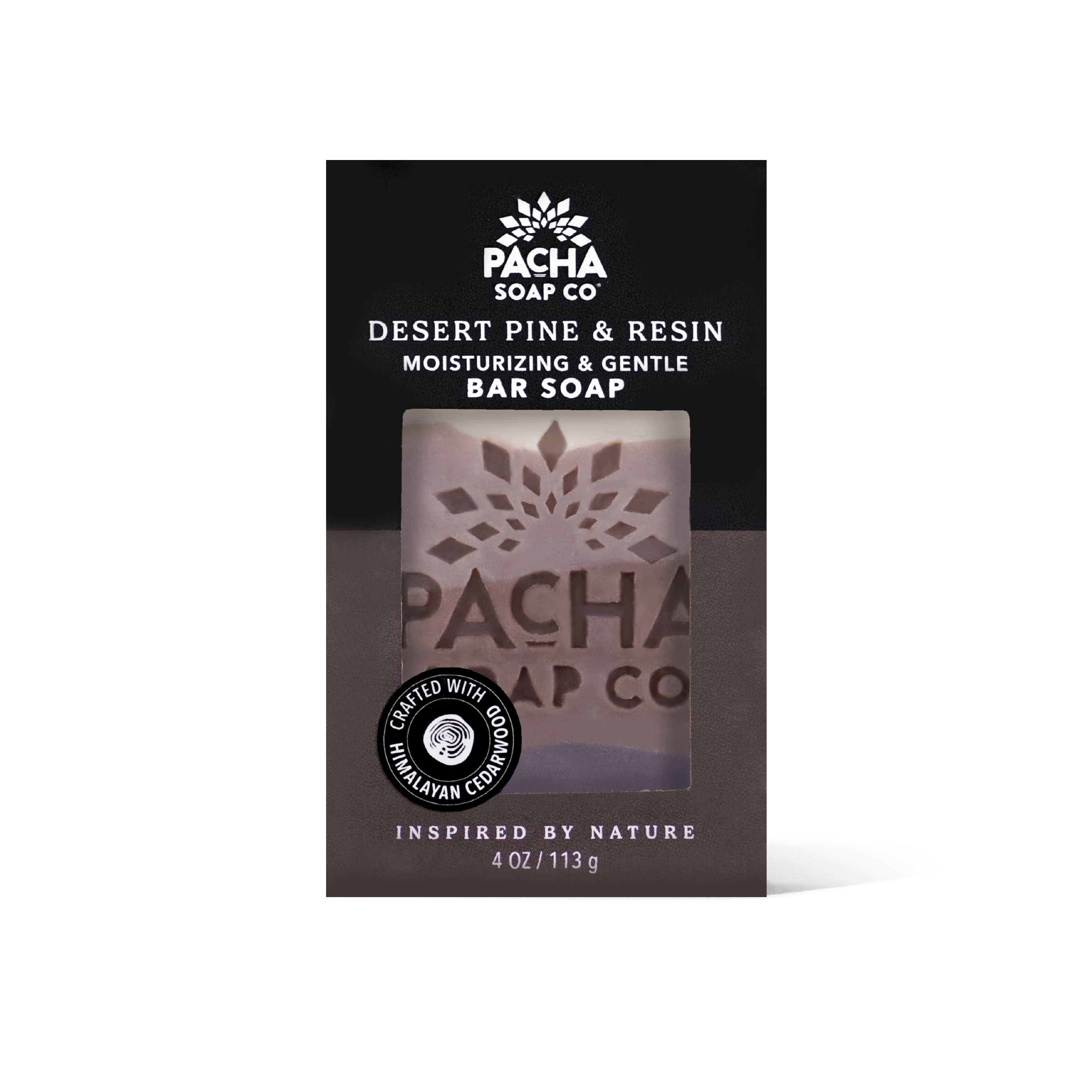 Pacha Soap Co Vetiver & Hinoki Moisturizing & Gentle Bar Soap packaging, featuring a black and dark brown design with a central window displaying the brown bar of soap inside.

