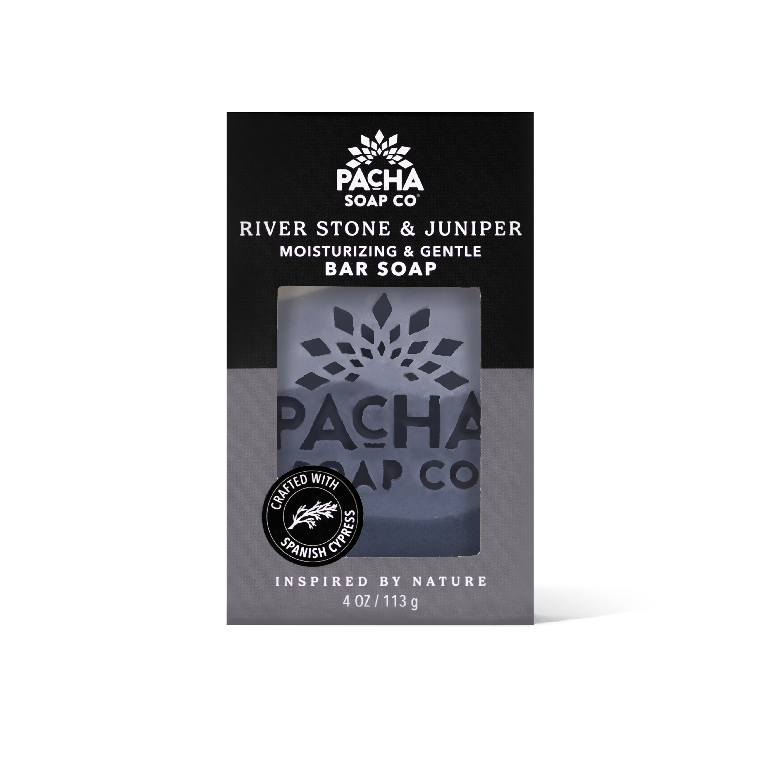 Pacha Soap Co. River Stone & Juniper moisturizing and gentle bar soap packaging, featuring a black and gray design with white text and a clear window showing the soap bar inside.
