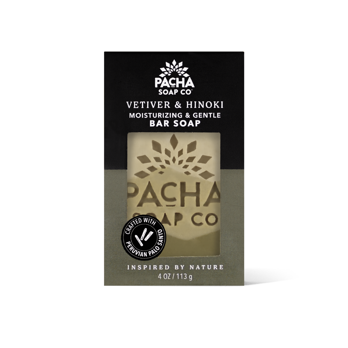 Pacha Soap Co Vetiver & Hinoki Moisturizing & Gentle Bar Soap packaging, featuring a black and dark green design with a central window displaying the green bar of soap inside.