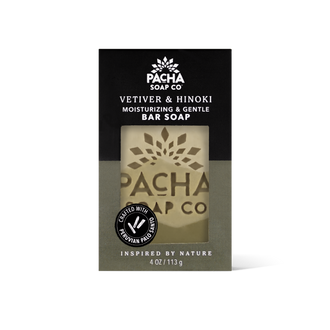 Pacha Soap Co Vetiver & Hinoki Moisturizing & Gentle Bar Soap packaging, featuring a black and dark green design with a central window displaying the green bar of soap inside.