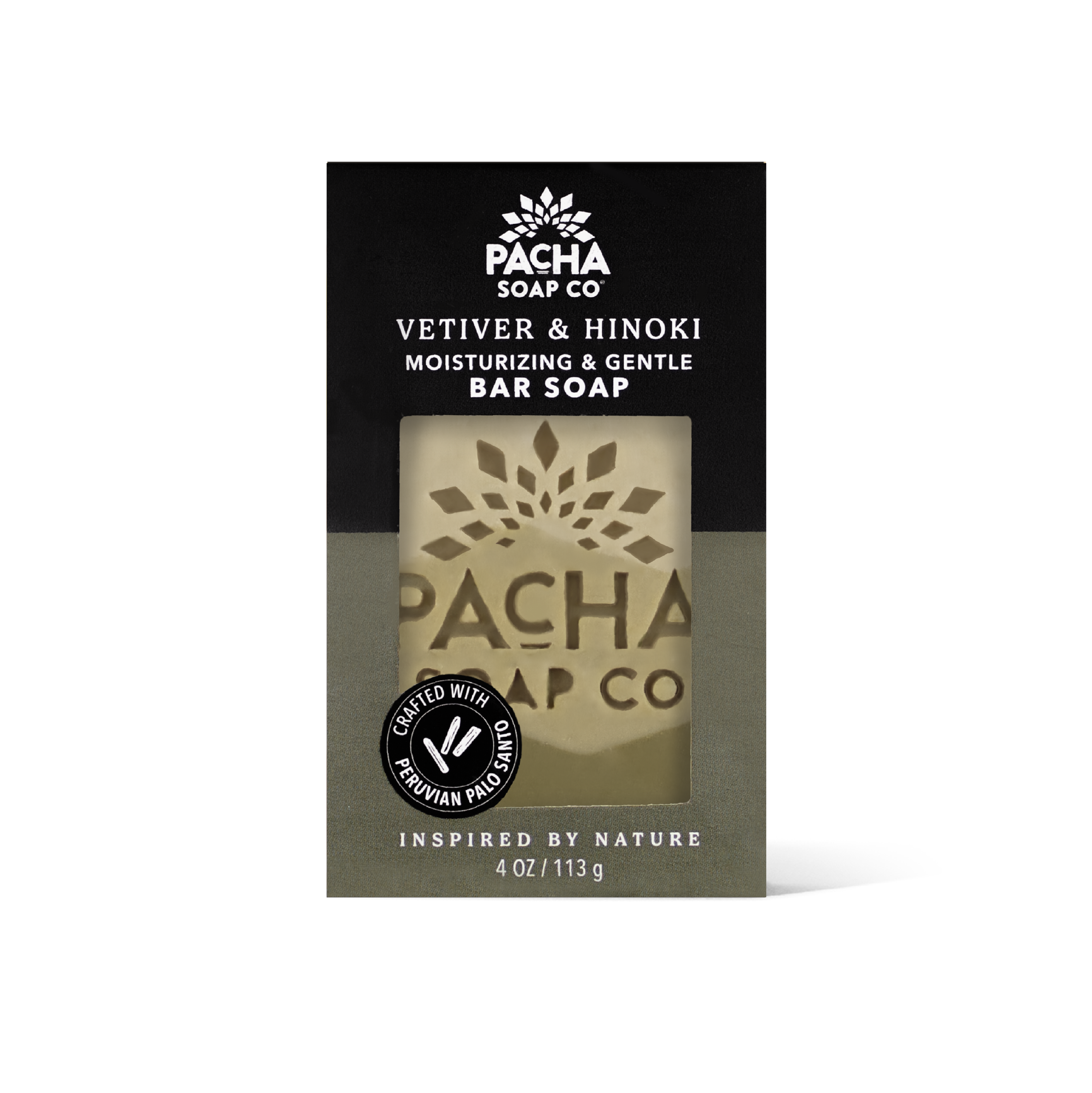 Pacha Soap Co Vetiver & Hinoki Moisturizing & Gentle Bar Soap packaging, featuring a black and dark green design with a central window displaying the green bar of soap inside.