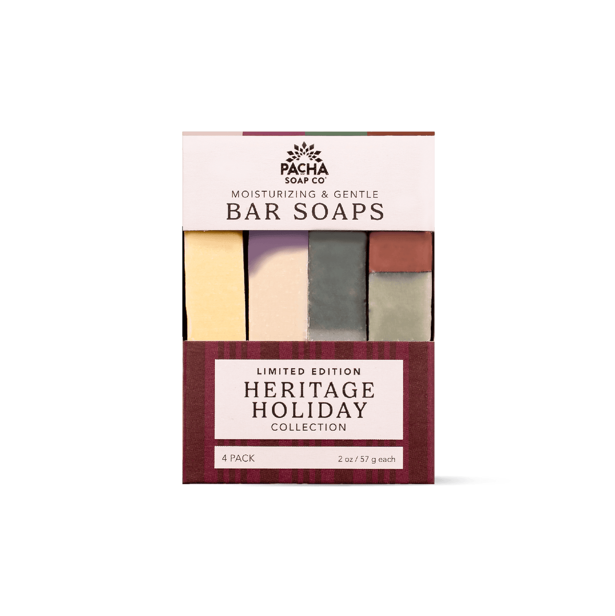 Pacha Soap Co. Limited Edition Heritage Holiday Collection 4-pack bar soap box, featuring four distinct colored bars (yellow, cream, gray, and terracotta) in a maroon and white box.