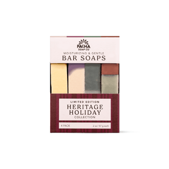 Pacha Soap Co. Limited Edition Heritage Holiday Collection 4-pack bar soap box, featuring four distinct colored bars (yellow, cream, gray, and terracotta) in a maroon and white box.