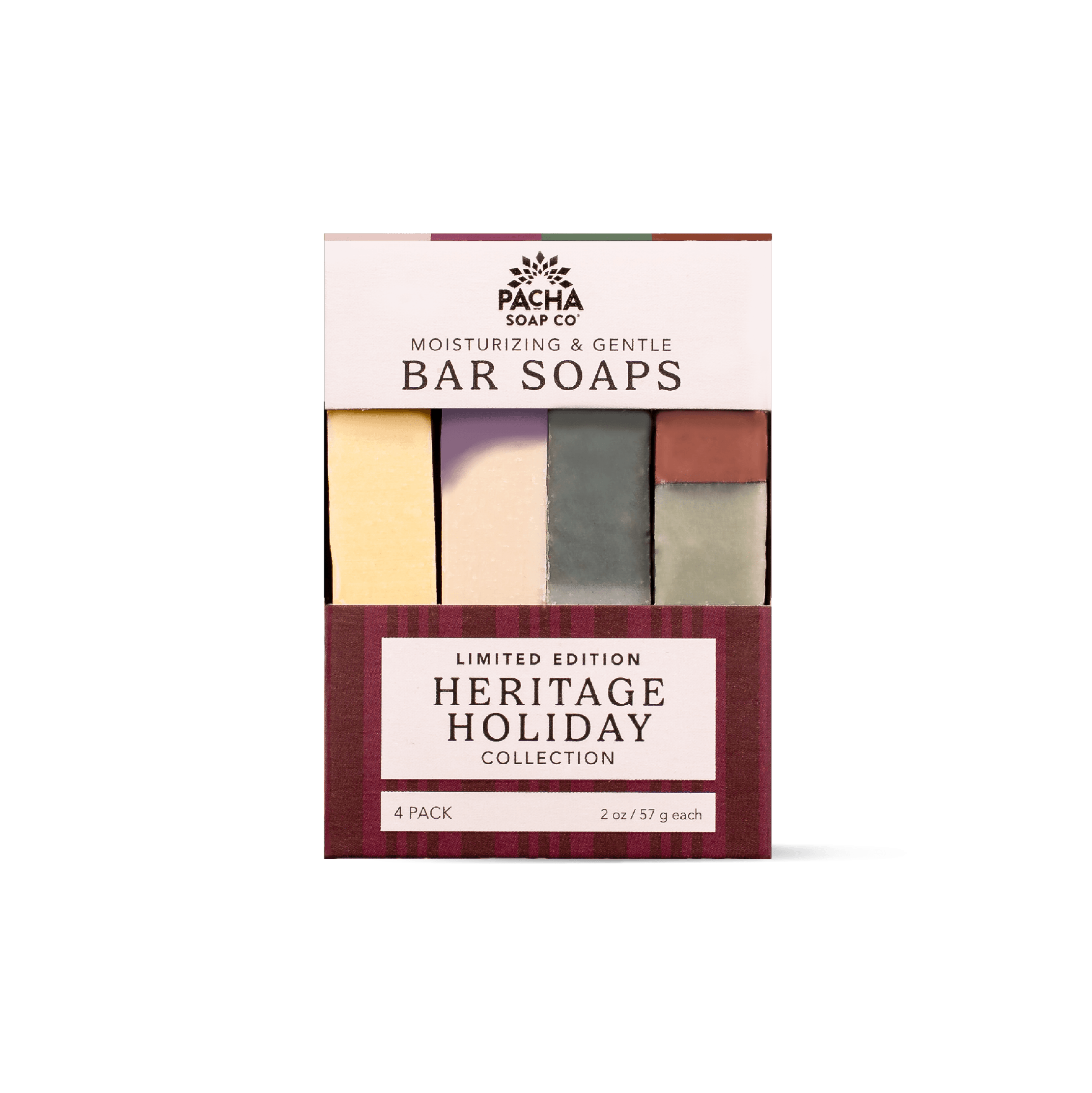 Pacha Soap Co. Limited Edition Heritage Holiday Collection 4-pack bar soap box, featuring four distinct colored bars (yellow, cream, gray, and terracotta) in a maroon and white box.