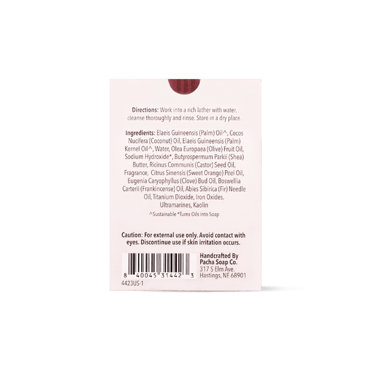Pacha Soap's Bar Soap Set in a back facing view, showing product information.