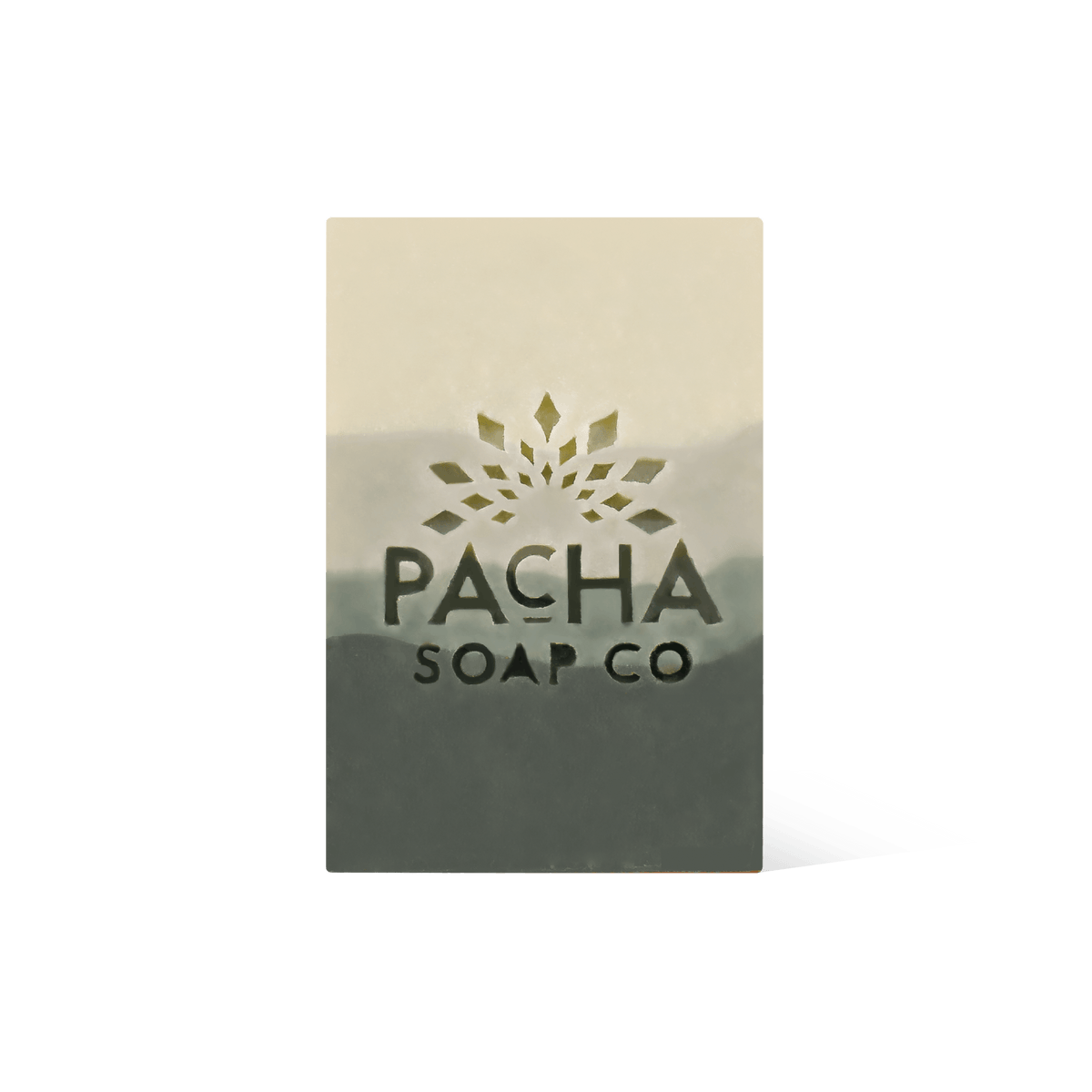 Pacha Soap's four colored tiered green Balsam & Pine Bar Soap in a front facing view.
