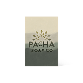 Pacha Soap's four colored tiered green Balsam & Pine Bar Soap in a front facing view.