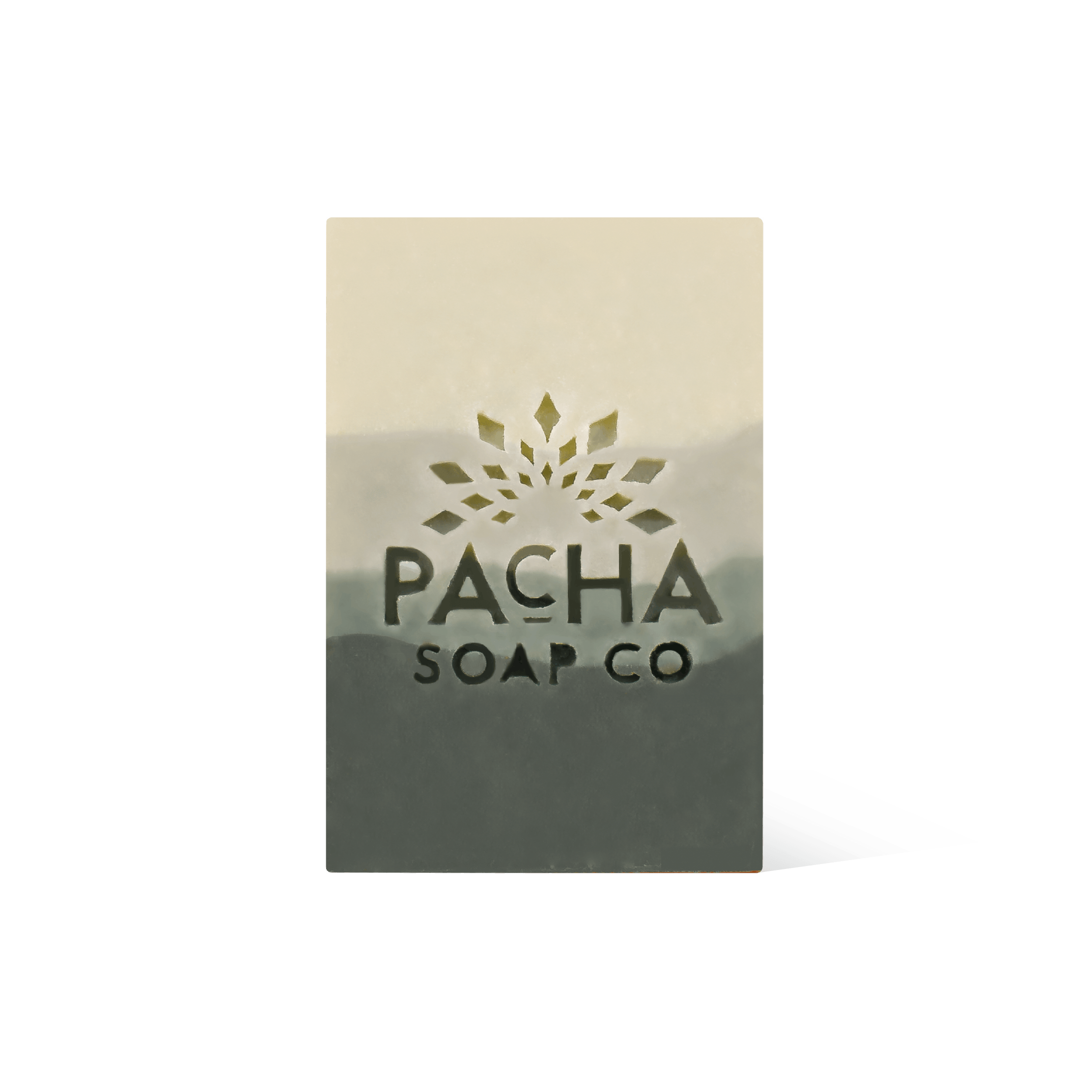 Pacha Soap's four colored tiered green Balsam & Pine Bar Soap in a front facing view.