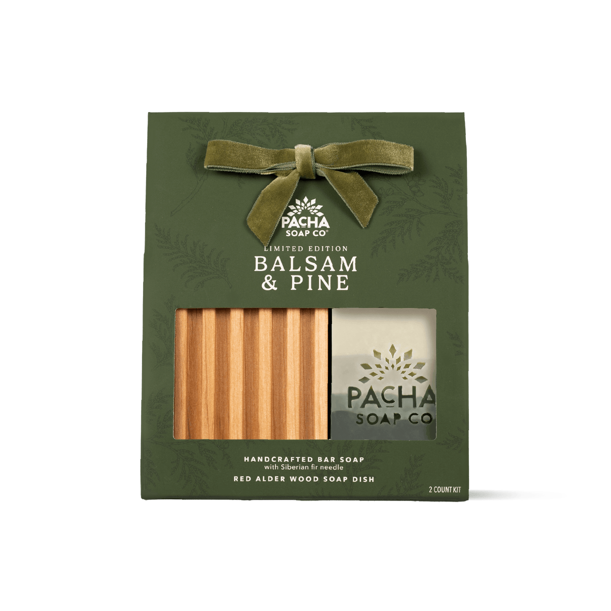 Pacha Soap Co. Limited Edition Balsam & Pine gift set in an olive green box with a velvet bow, showing one Balsam & Pine Bar Soap and a wooden soap dish through a clear window.