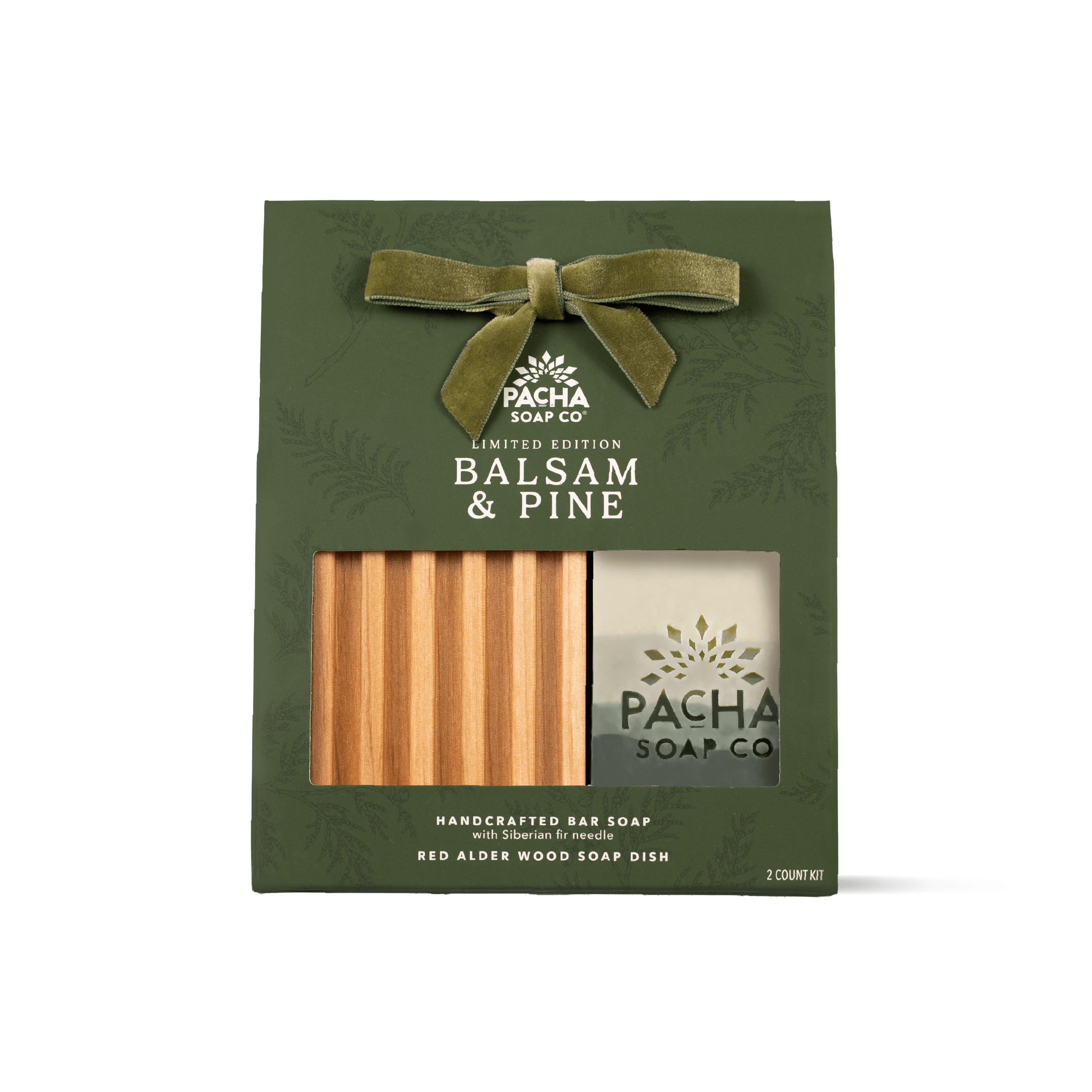 Pacha Soap Co. Limited Edition Balsam & Pine gift set in an olive green box with a velvet bow, showing one Balsam & Pine Bar Soap and a wooden soap dish through a clear window.