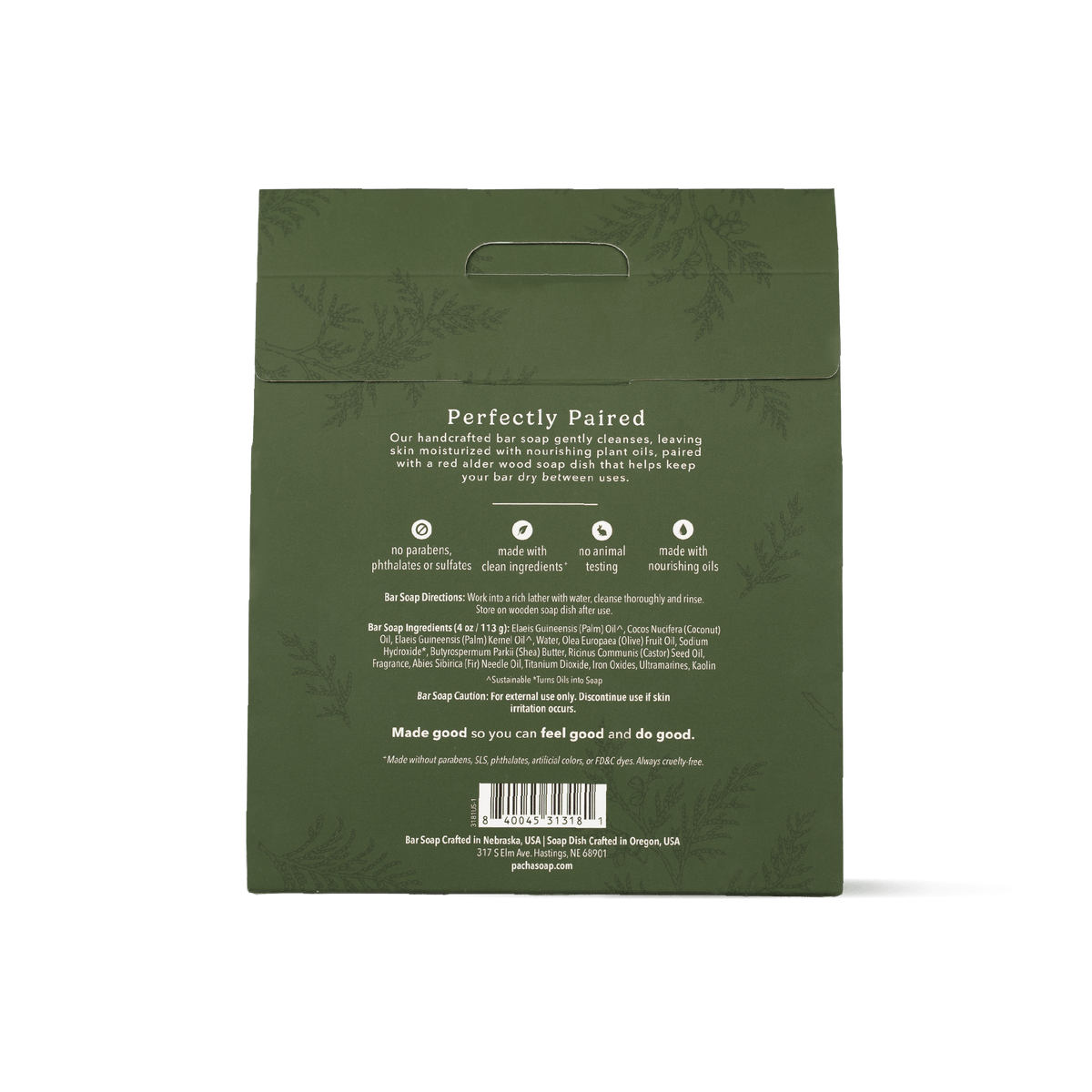 The back of Pacha Soap's Balsam & Pine Bar Soap Dish set, in a dark olive green packaging bag for 'Perfectly Paired' skin moisturizer, featuring product details, ingredients, and a barcode on a white background.