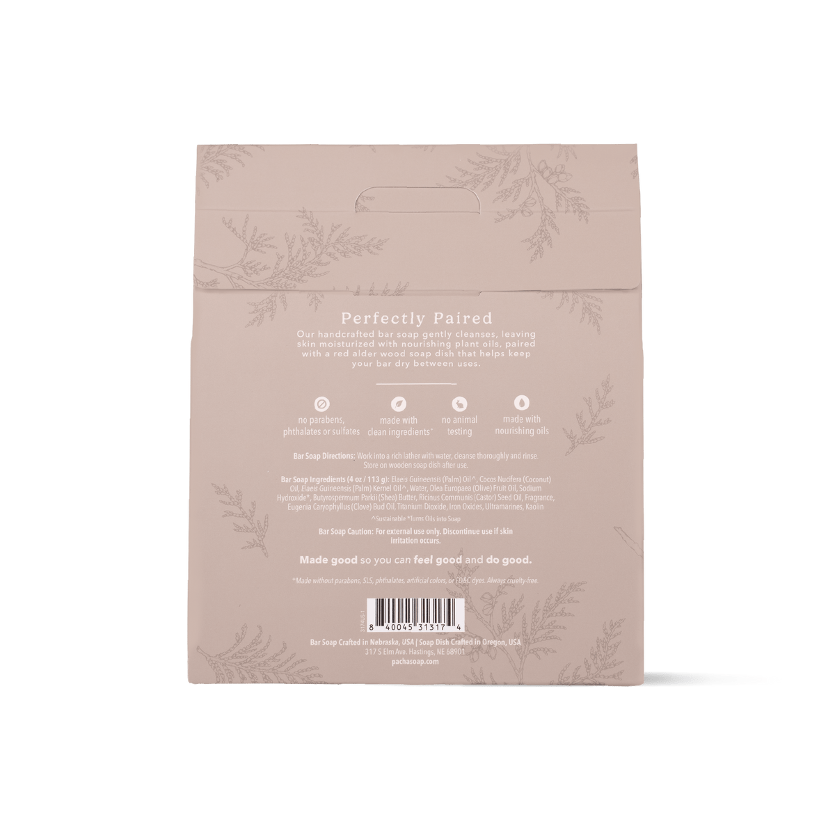 The back of Pacha Soap's Vanilla Bean & Clove Bar Soap & Dish Set beige bag package, featuring product details, ingredients, and a barcode on a clean white background