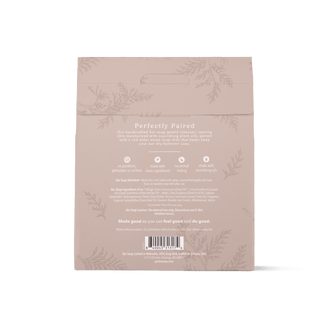 The back of Pacha Soap's Vanilla Bean & Clove Bar Soap & Dish Set beige bag package, featuring product details, ingredients, and a barcode on a clean white background