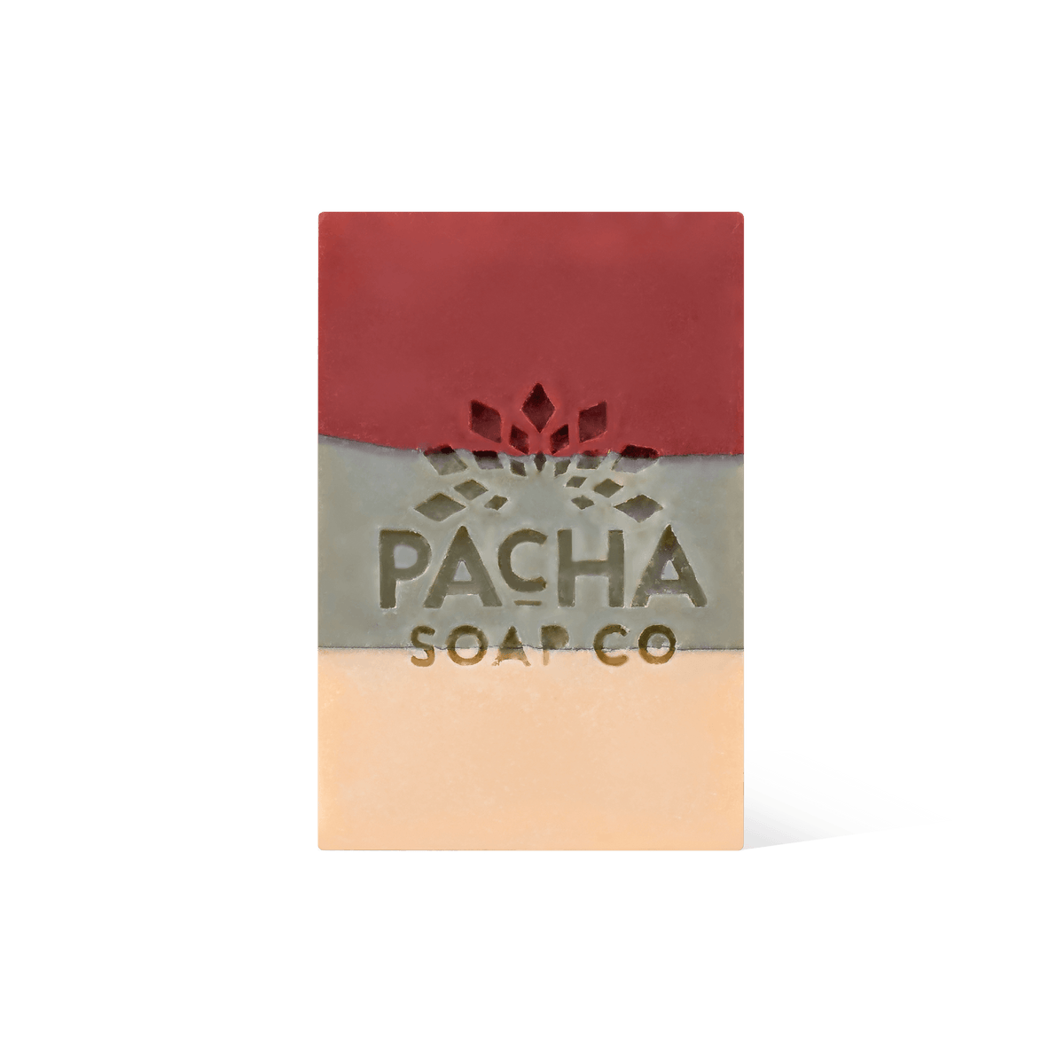 Pacha Soap's tricolored red, green, and cream Frankincense & Amber Bar Soap in a front facing view.
