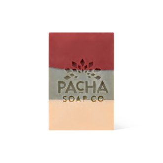 Pacha Soap's tricolored red, green, and cream Frankincense & Amber Bar Soap in a front facing view.