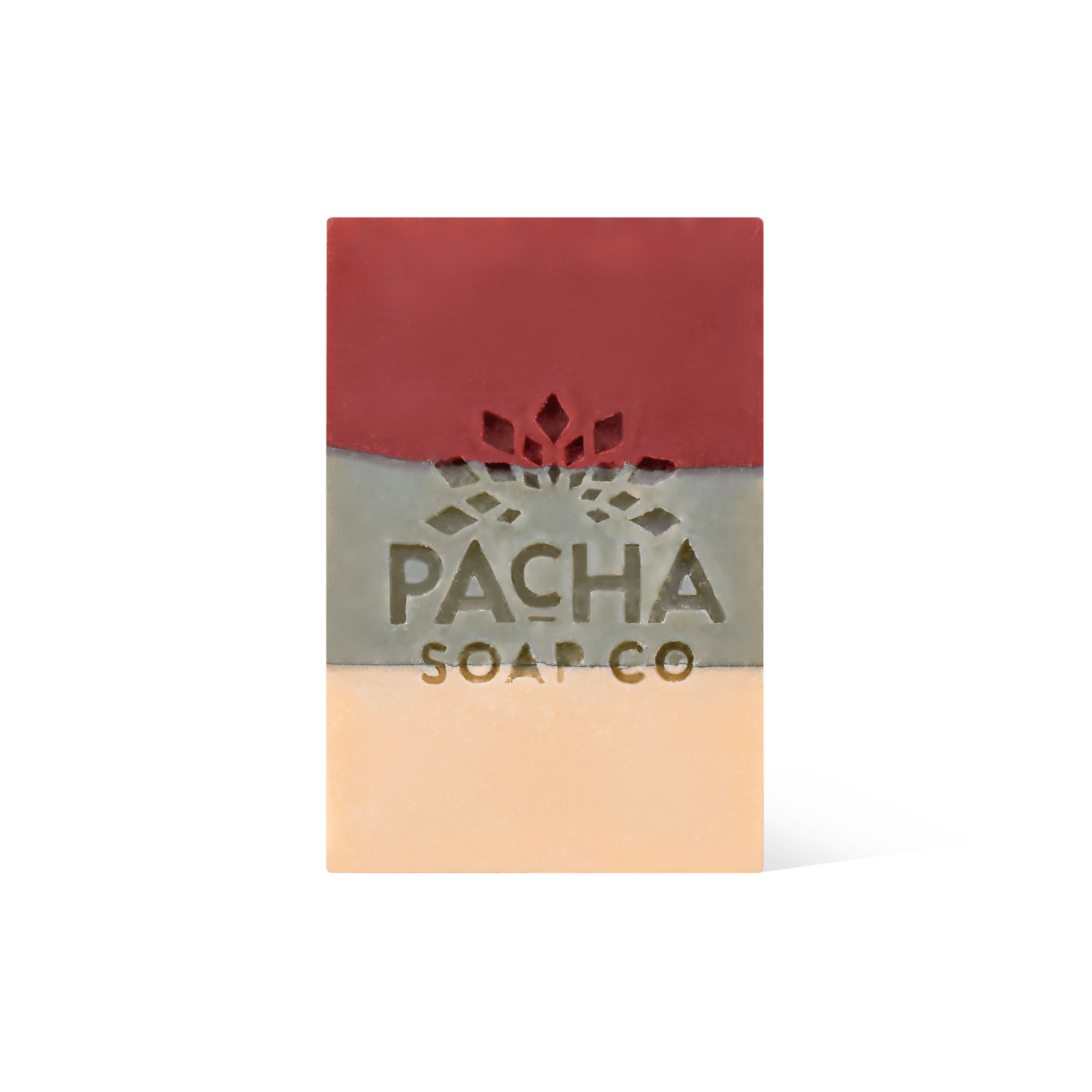 Pacha Soap's tricolored red, green, and cream Frankincense & Amber Bar Soap in a front facing view.