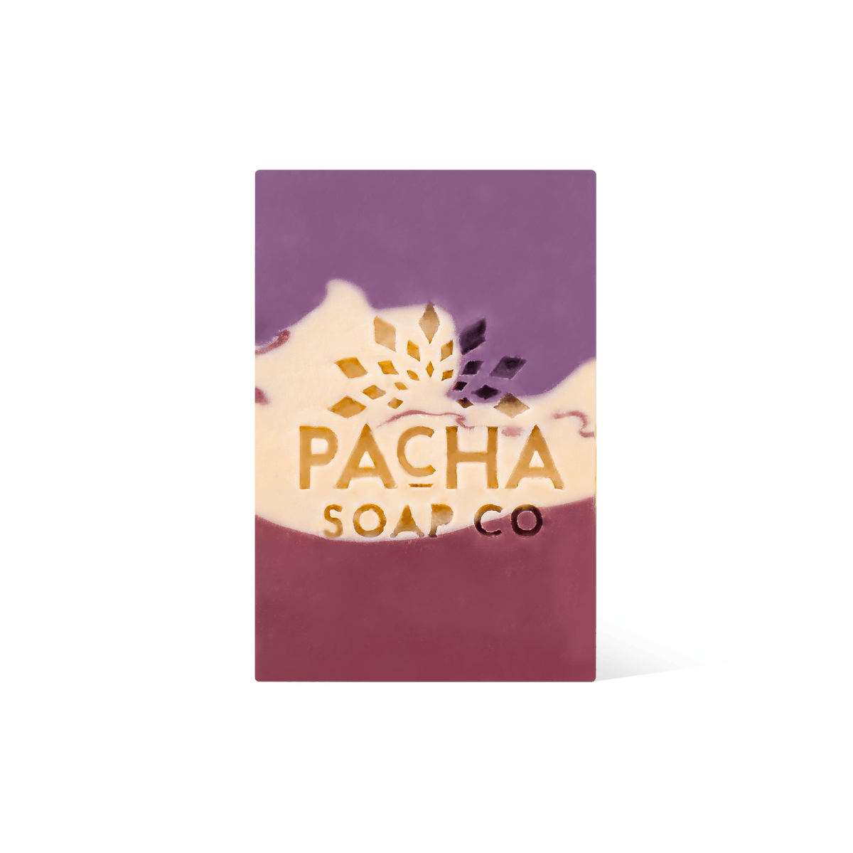 Pacha Soap's cream, magenta and light purple Pomegranate & Orange Peel Bar Soap in a front facing view.