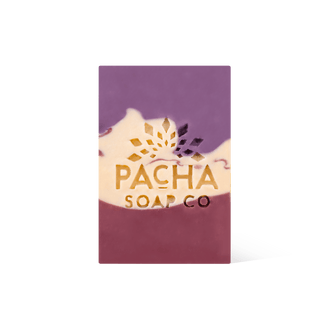 Pacha Soap's cream, magenta and light purple Pomegranate & Orange Peel Bar Soap in a front facing view.
