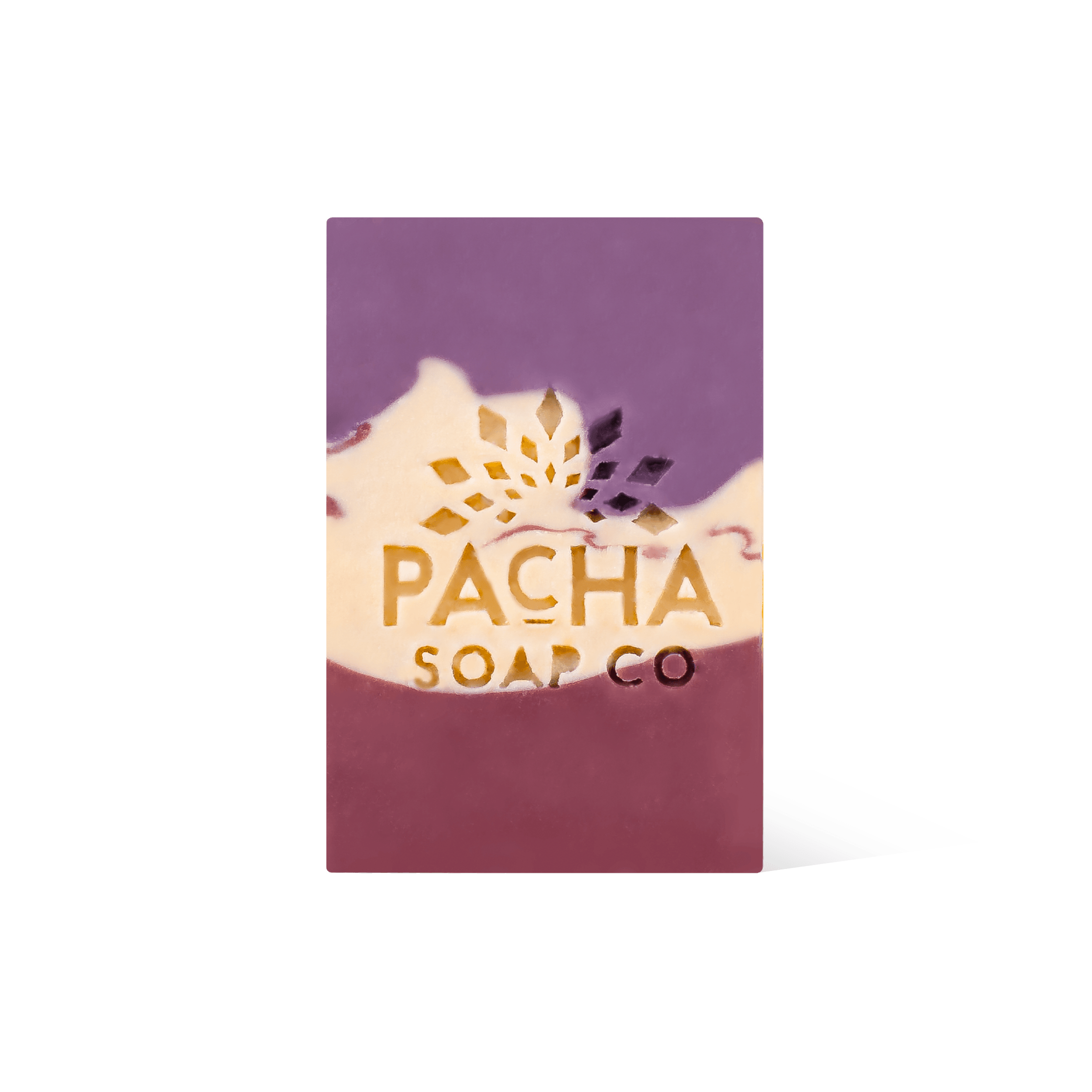 Pacha Soap's cream, magenta and light purple Pomegranate & Orange Peel Bar Soap in a front facing view.
