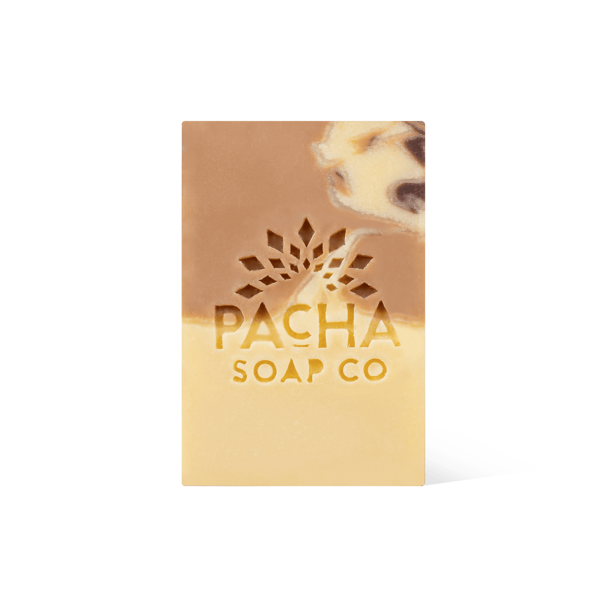 Pacha Soap's cream and brown swirled Vanilla Bean & Clove  Bar Soap in a front facing view.