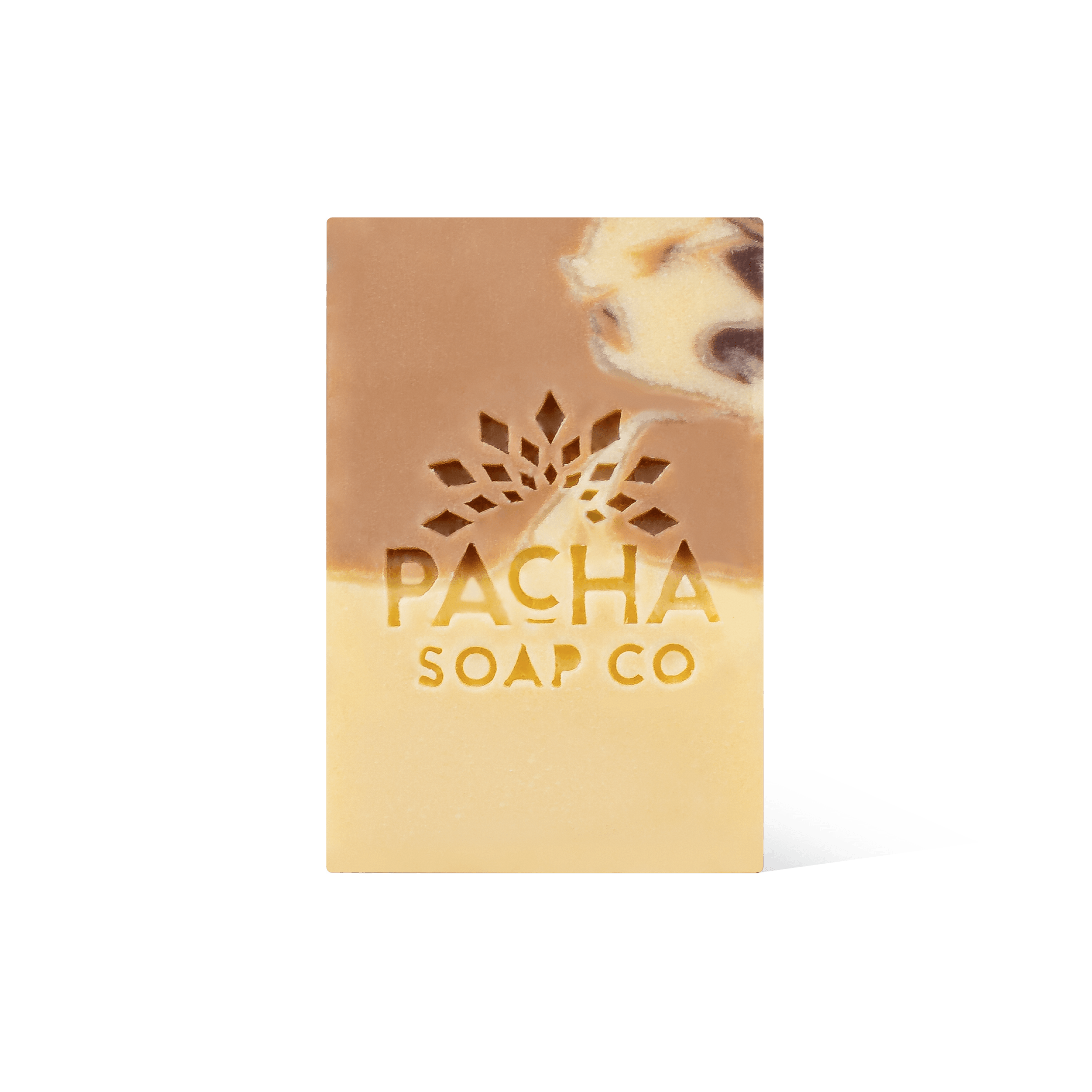 Pacha Soap's cream and brown swirled Vanilla Bean & Clove  Bar Soap in a front facing view.