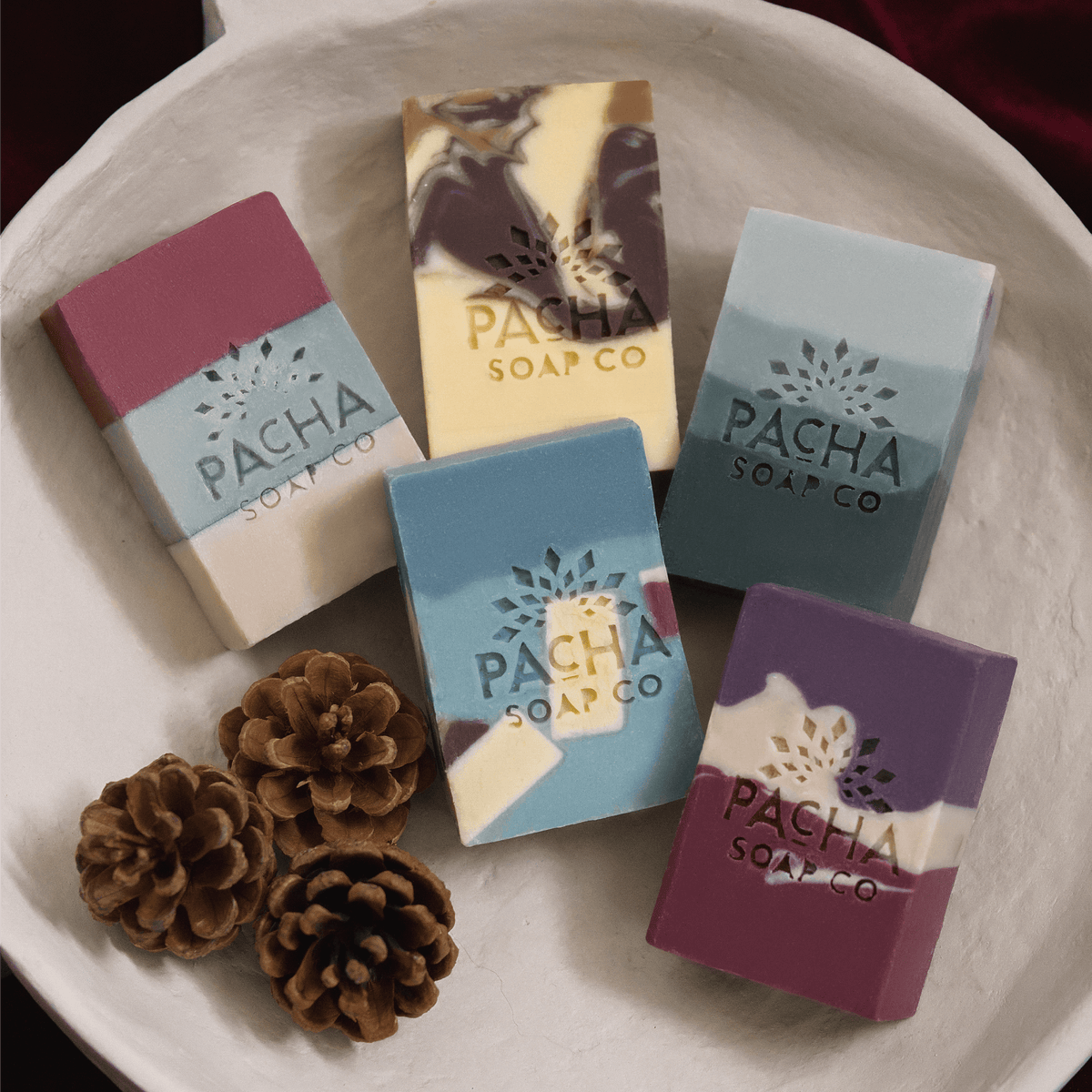 Five bars of Pacha Soap Co. artisan soap arranged on a white ceramic dish with three pinecones.