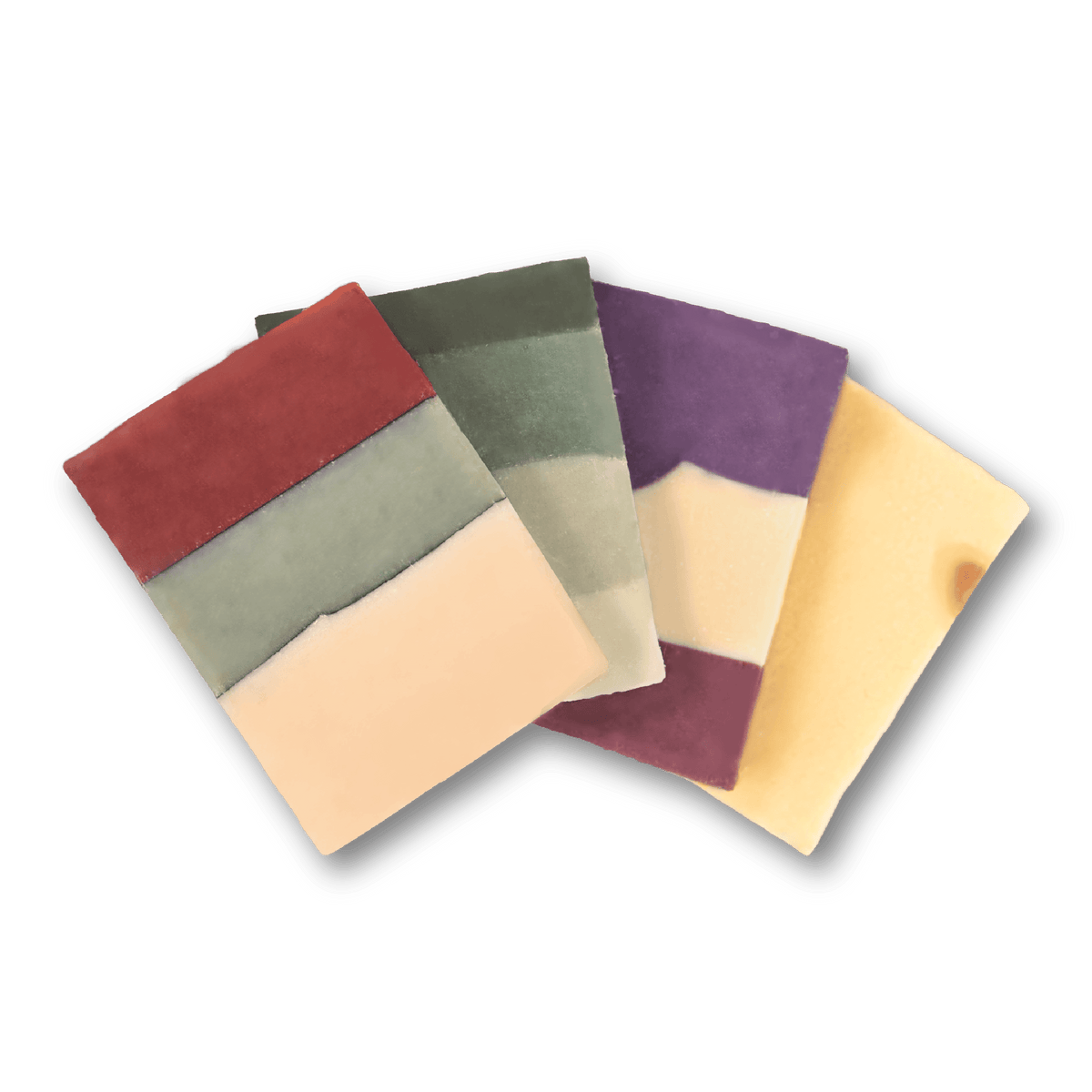 Pacha Soap's Heritage Holiday Bar Soap set out of packaging and displayed in a fan shape.