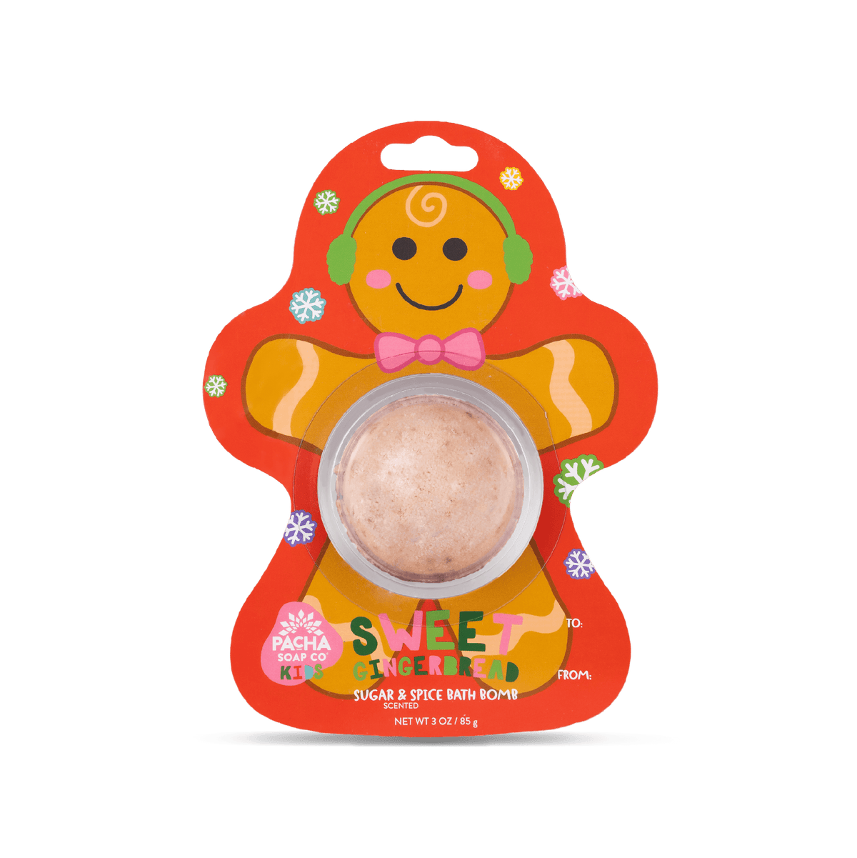 Pacha Soap's Red and colorful snowflake decorated Sweet Ginger bread bath bomb card, branded as Pacha soap kids and sugar & spice scented. 