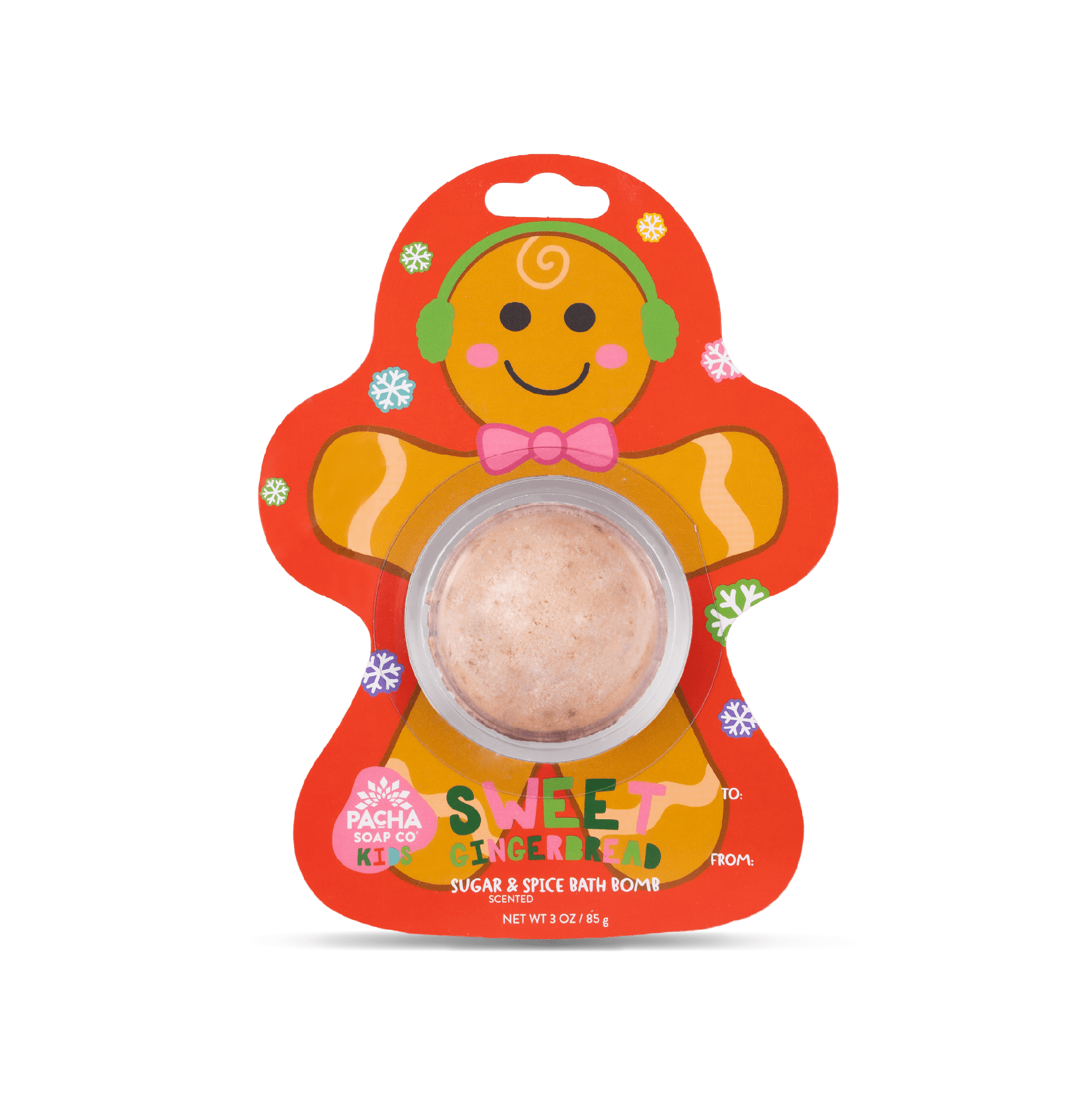 Pacha Soap's Red and colorful snowflake decorated Sweet Ginger bread bath bomb card, branded as Pacha soap kids and sugar & spice scented. 