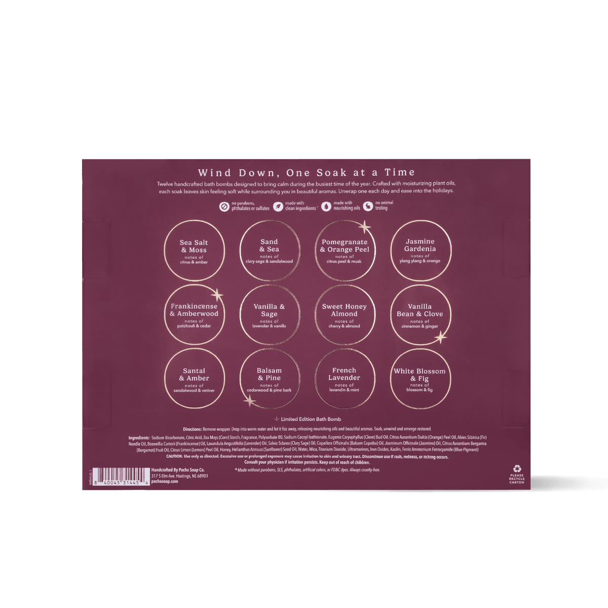 The back of a bath bomb product box in a burgundy color, featuring circular illustrations of different bath bomb blends with their names printed underneath.