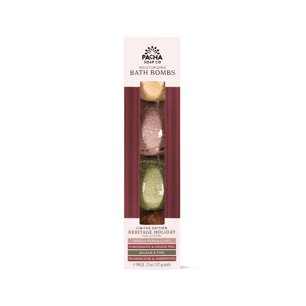 A 4-pack of Pacha Soap Co. Heritage Holiday bath bombs in their original packaging, featuring a cream-colored box with a vertical window showing four distinct bath bomb colors: tan, dusty rose, olive green, and dark red.
