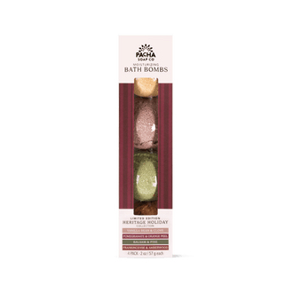 A 4-pack of Pacha Soap Co. Heritage Holiday bath bombs in their original packaging, featuring a cream-colored box with a vertical window showing four distinct bath bomb colors: tan, dusty rose, olive green, and dark red.