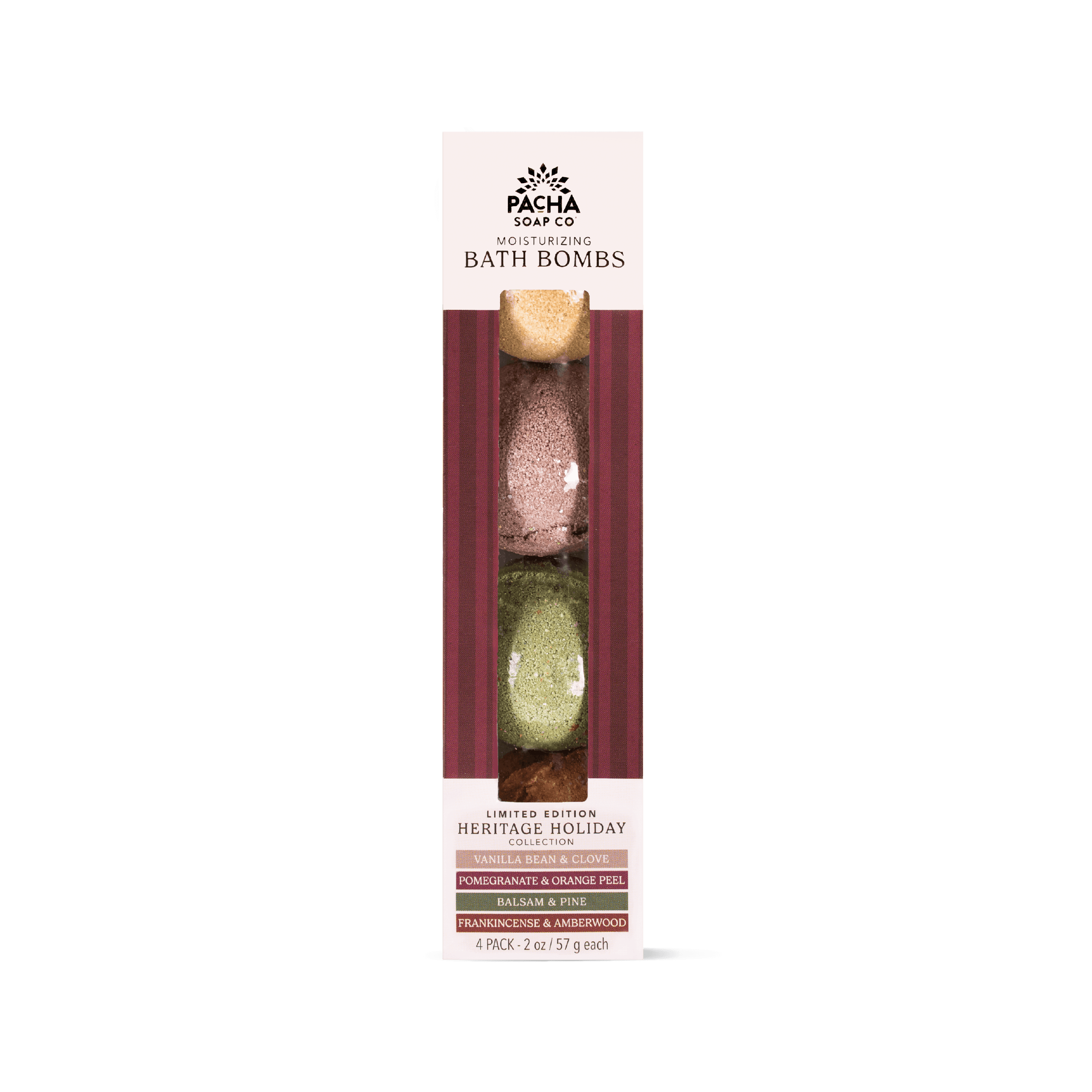 A 4-pack of Pacha Soap Co. Heritage Holiday bath bombs in their original packaging, featuring a cream-colored box with a vertical window showing four distinct bath bomb colors: tan, dusty rose, olive green, and dark red.