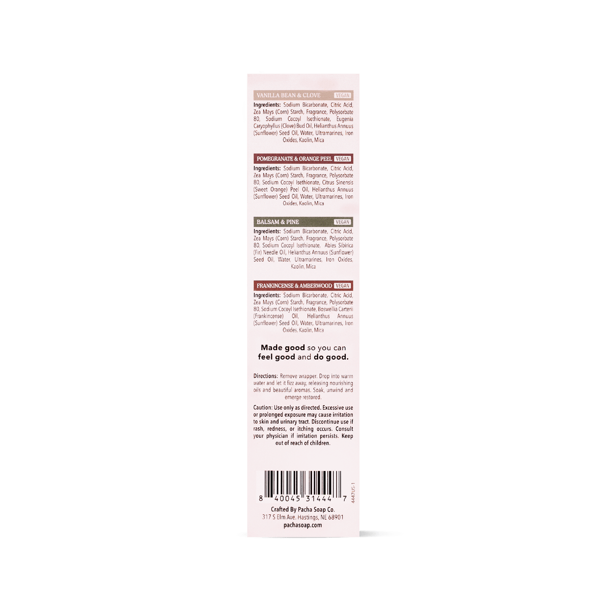 Pacha Soap's Holiday Heritage Bath Bomb Set in a back facing view, showing information about a product.