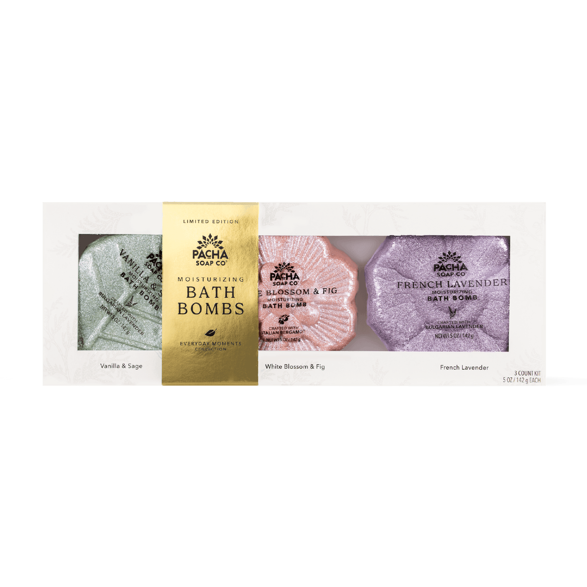 Pacha Day Co. Limited Edition Moisturizing Bath Bombs set containing three scented bath bombs: Vanilla & Sage, White Blossom & Fig, and French Lavender.
