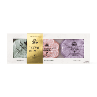 Pacha Day Co. Limited Edition Moisturizing Bath Bombs set containing three scented bath bombs: Vanilla & Sage, White Blossom & Fig, and French Lavender.
