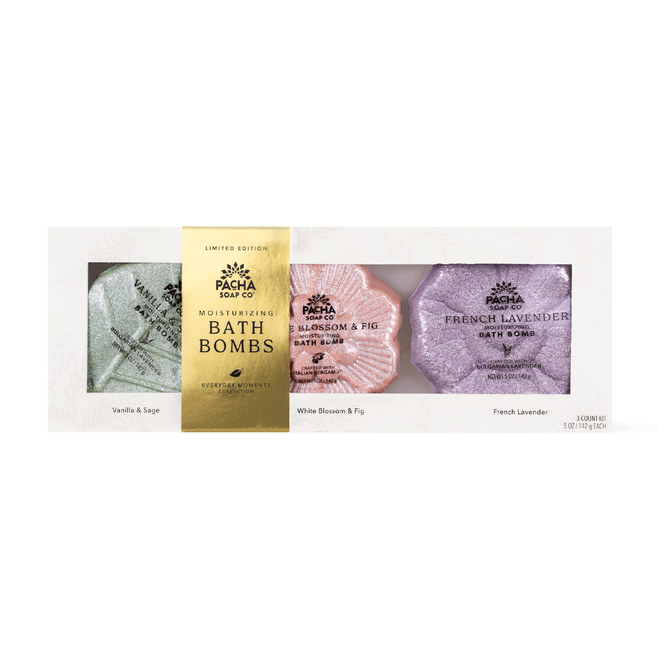 Pacha Day Co. Limited Edition Moisturizing Bath Bombs set containing three scented bath bombs: Vanilla & Sage, White Blossom & Fig, and French Lavender.