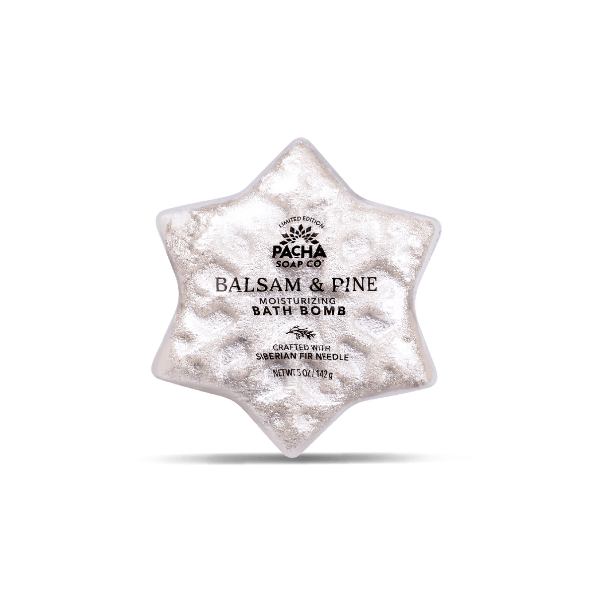 A star-shaped Pacha Soap Co. Balsam & Pine moisturizing bath bomb with a textured, glittery silver finish, centered on a white background with a soft shadow.