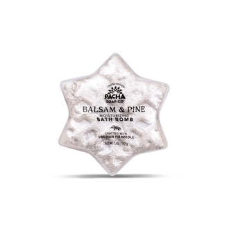 A star-shaped Pacha Soap Co. Balsam & Pine moisturizing bath bomb with a textured, glittery silver finish, centered on a white background with a soft shadow.