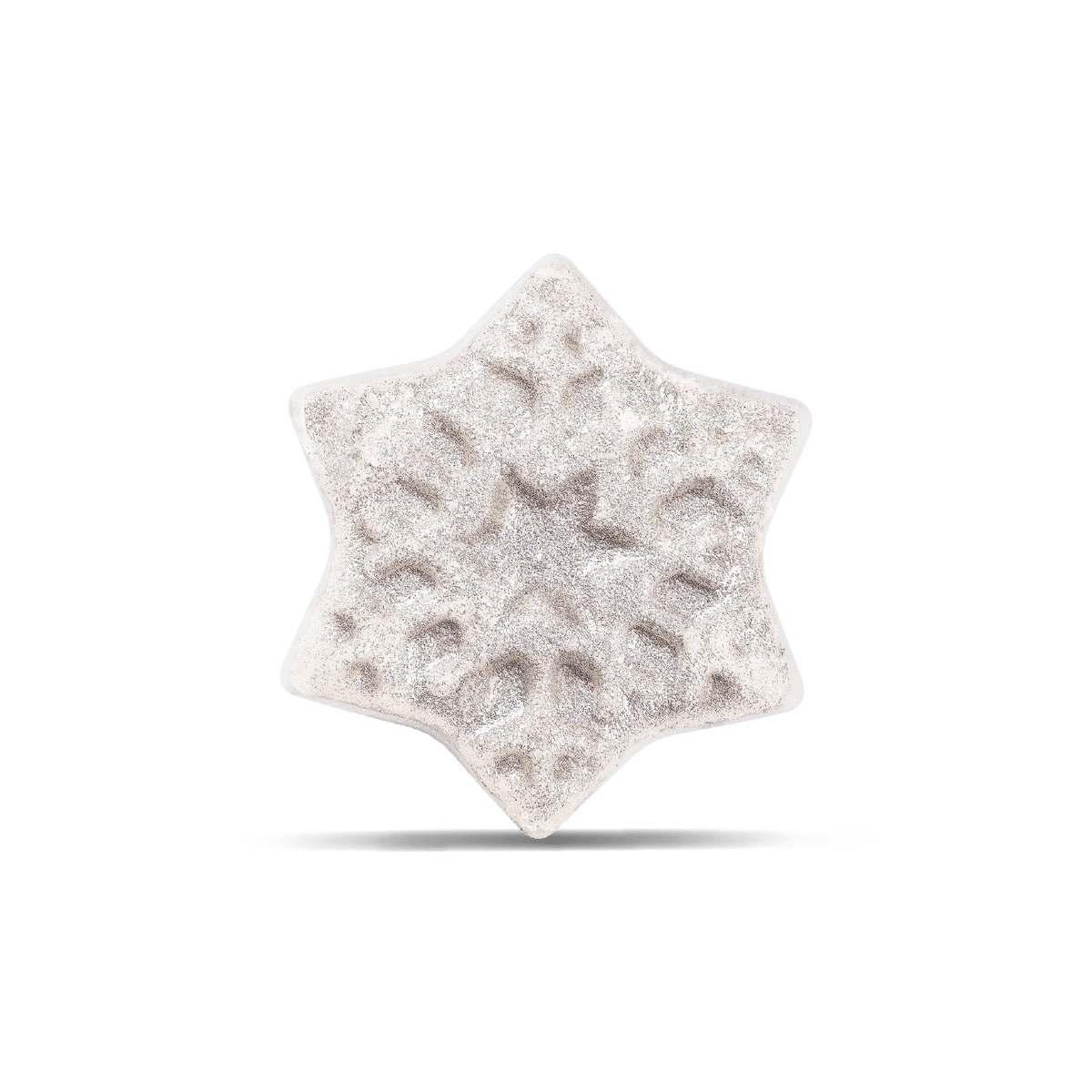 A single snowflake-shaped bath bomb with a textured, glittery finish, centered on a clean white background with a soft drop shadow.