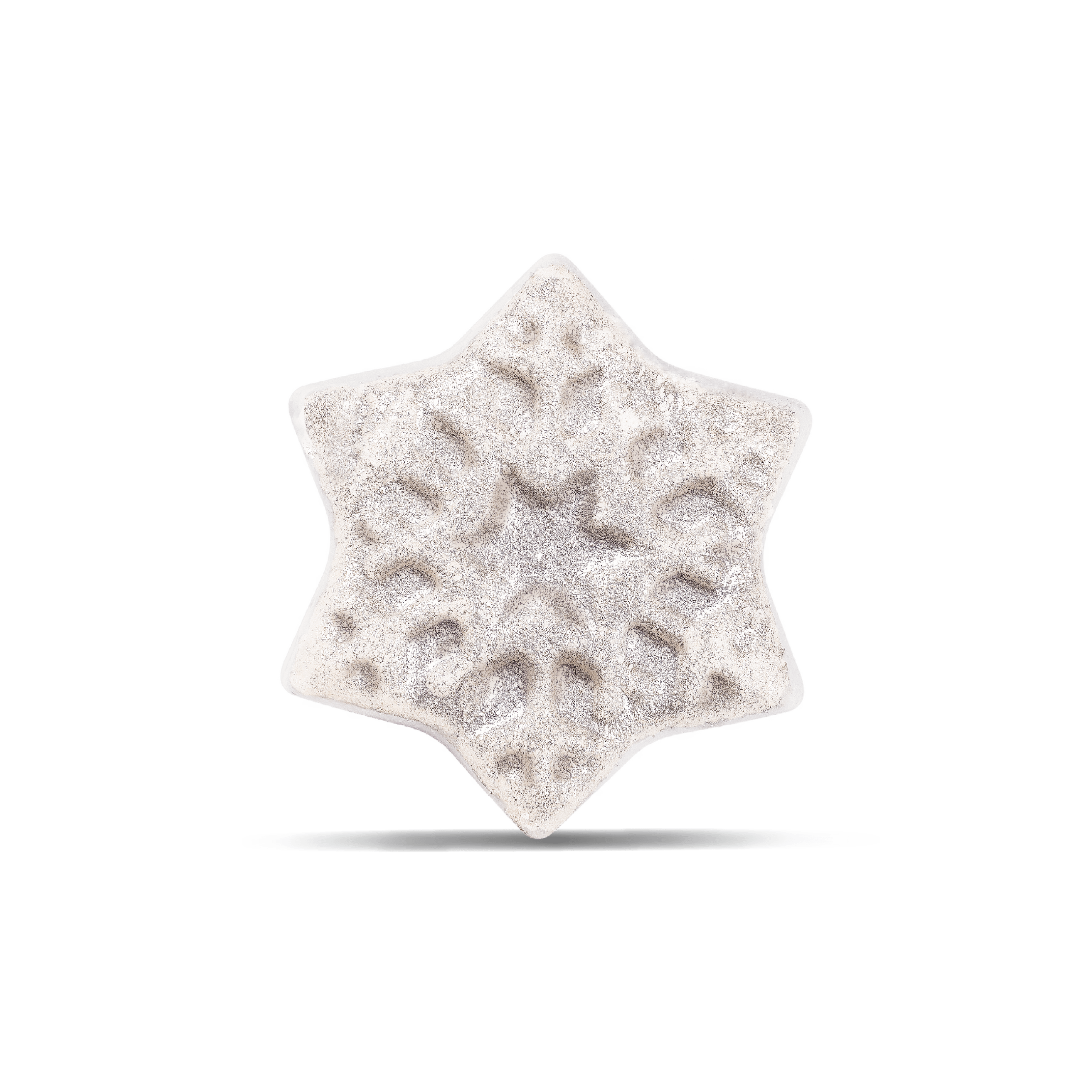 A single snowflake-shaped bath bomb with a textured, glittery finish, centered on a clean white background with a soft drop shadow.